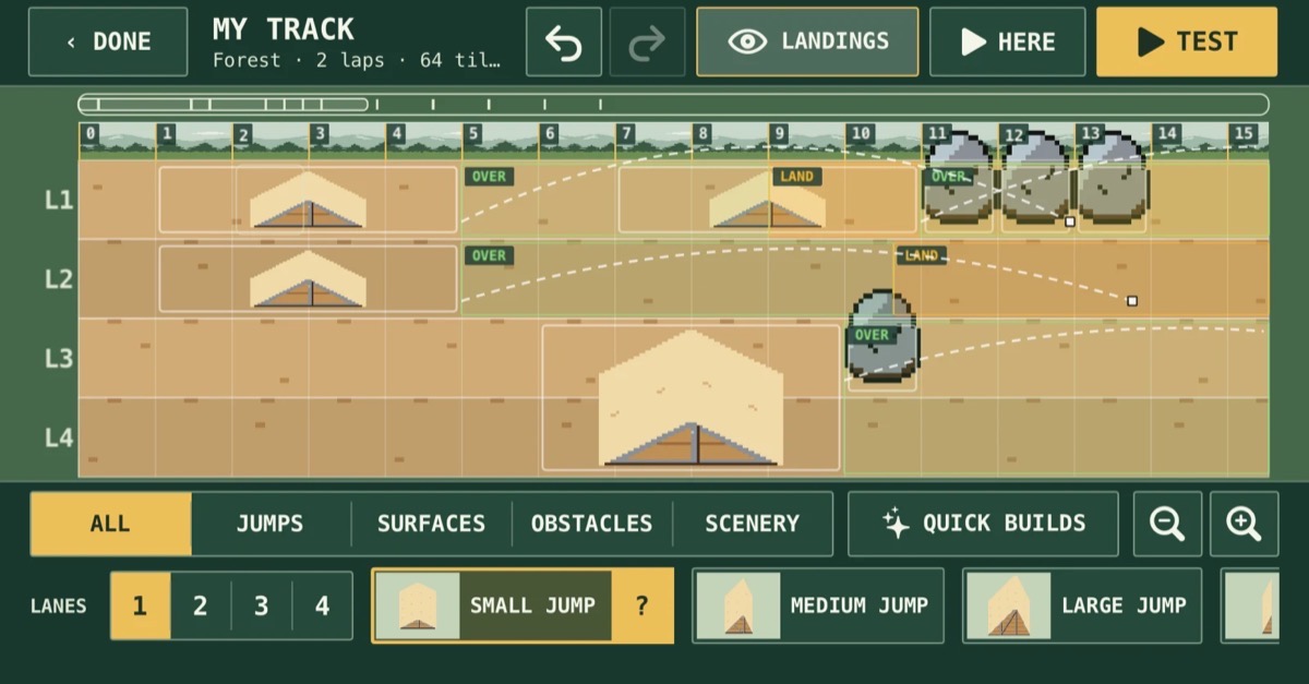Track builder with jumps, surfaces and obstacles