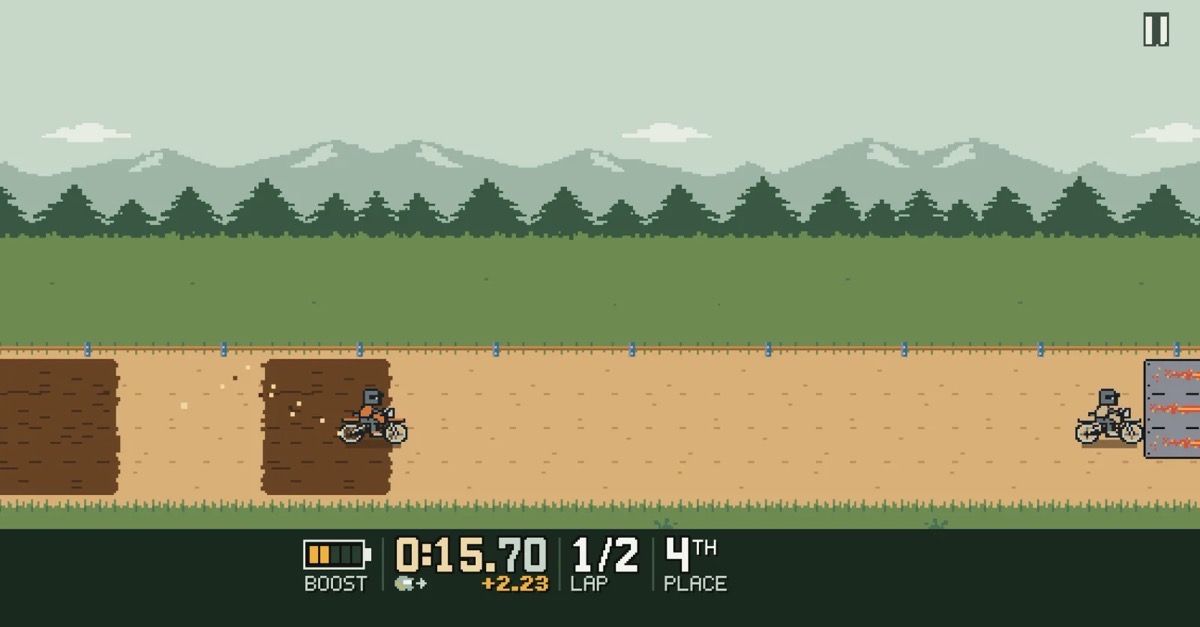 Forest race: riders on a dirt track among pines
