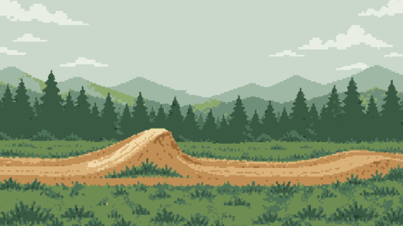 Dirtbike Dash title scene: a dirt mound in a pixel-art forest