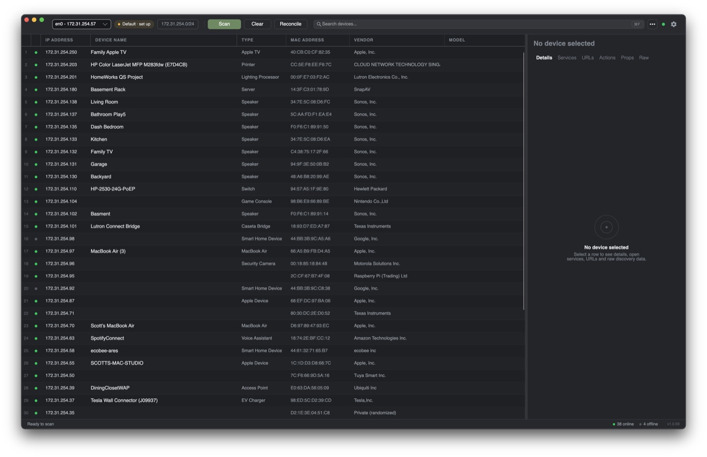 Perceptron's device table in dark mode
