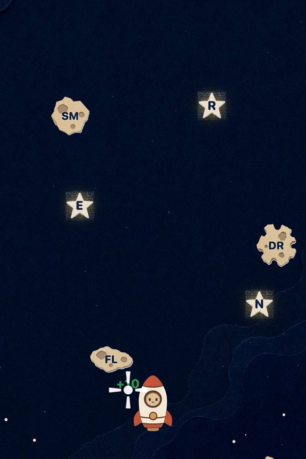 Astro Dash: steering a rocket through letter asteroids